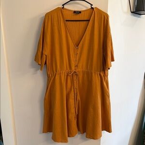 Wishlist Cinched Waist Flutter Sleeve Mustard Button-Down Dress with Pockets